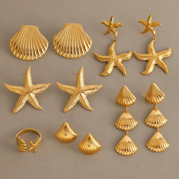 18K Gold Stainless Steel Starfish Shell Stud Earrings Coastal Jewelry - Picture 4 of 4